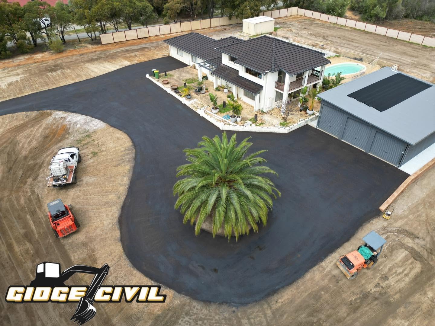 Aerial view of a finished Gidge Civil driveway and earthworks on a Perth Hills property