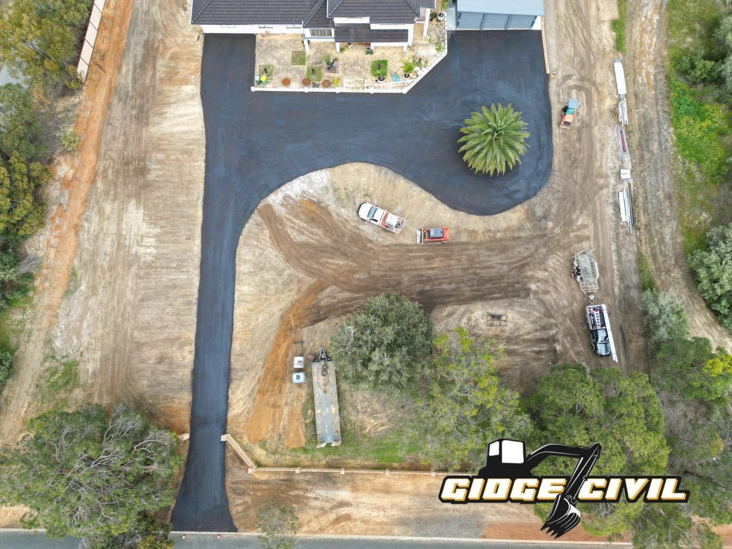 Aerial of a finished driveway and earthworks on a Perth Hills property